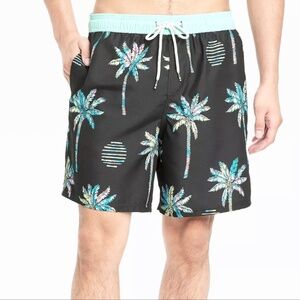 ORIGINAL USE - Mens XL Palm Print Swim‎ Trunks Black/Blue